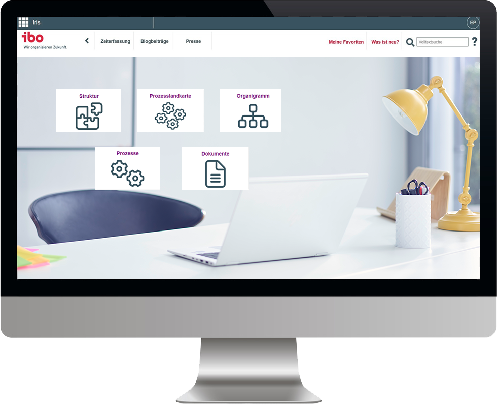 Dashboard von ibo Iris mit der Einsicht in Verwaltungsprozesse, Verwaltungsstruktur und Organigramm.