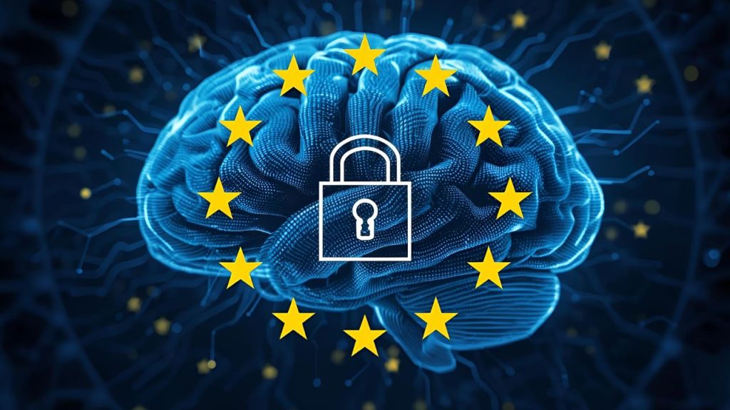 DSGVO-konforme Anwendung von KI, Darstellung eines KI-Schematisches KI-Gehirn und EU-Schloss