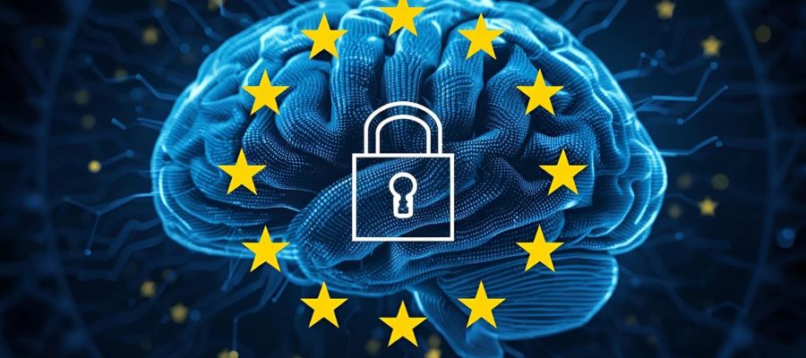 DSGVO-konforme Anwendung von KI, Darstellung eines KI-Schematisches KI-Gehirn und EU-Schloss