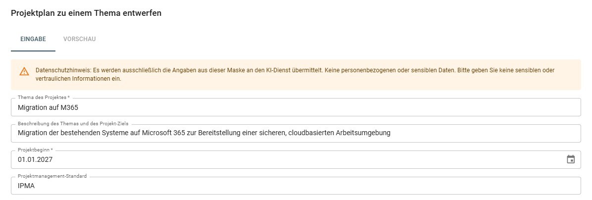 Start eines Projektplans mit KI-Eingabe in ibo netProject