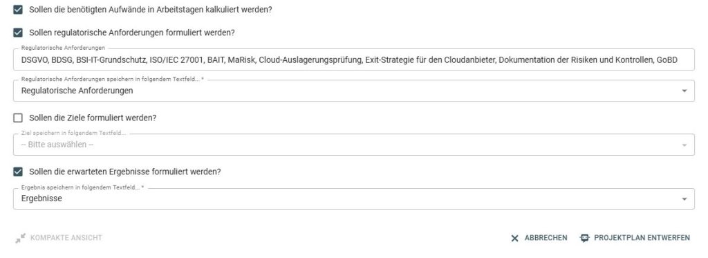 Start eines Projektplans mit KI und Abfrage von regulatorischen Angaben in ibo netProject