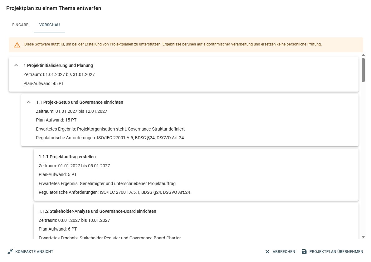 Vorschau eines Projektplans der in ibo netProject mit einer KI erstellt wurde um das KI-Ergebnis zu überprüfen.