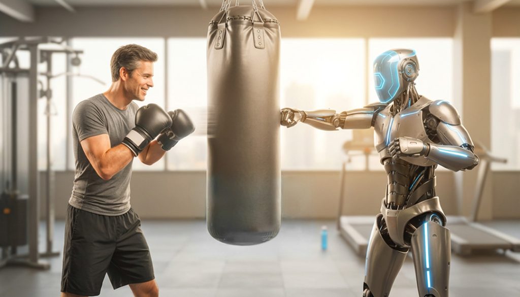 Das Bild unterstützt die Aussage, dass KI im Job als Sparringspartner helfen kann. Gemeinsam mit KI als Sparringspartner den Arbeitsalltag bewältigen