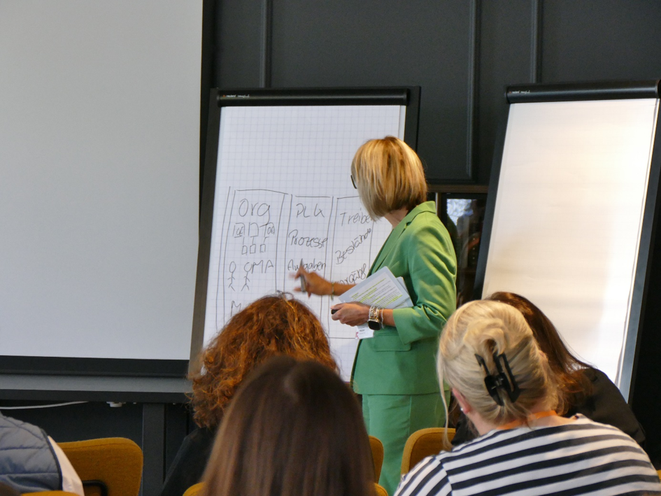 Maria-Theresia Müller von der Sparkasse Trier zeichnet das Haus der Prozesse auf einem Clipboard auf.